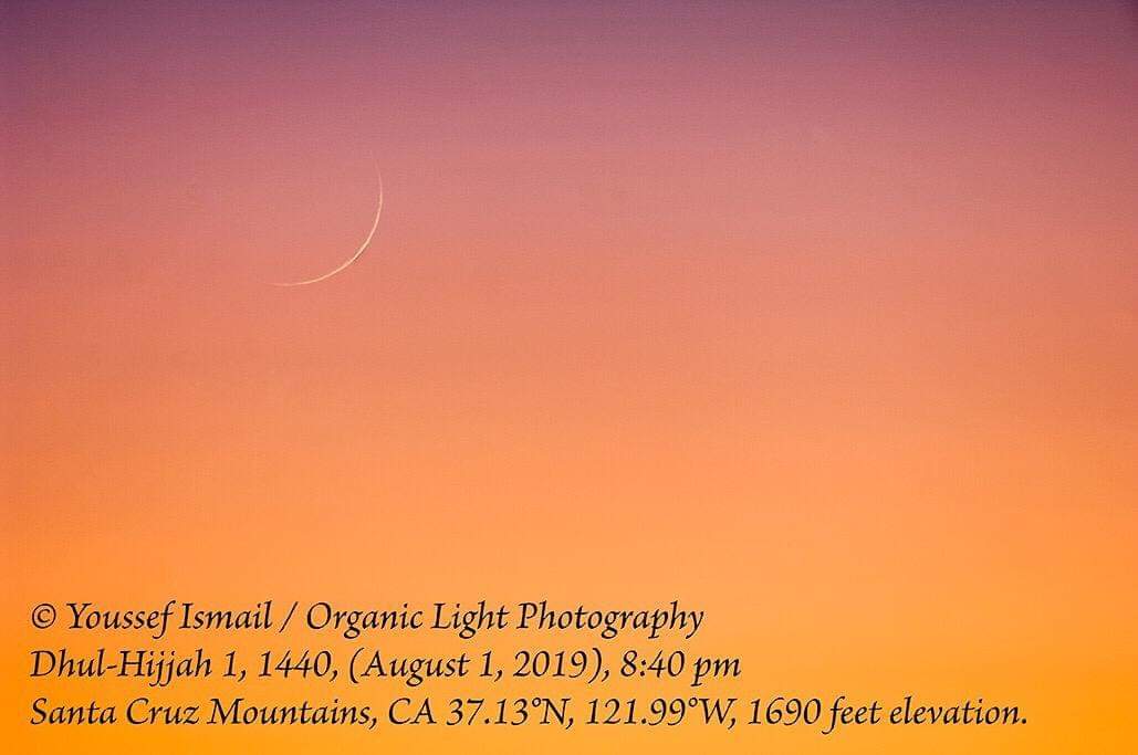 Foto bulan sabit 1 Dzulhijjah 1440 H dari Kalifornia, Amerika Serikat pada Kamis, 1 Agustus 2019 oleh Youssef Ismail.
