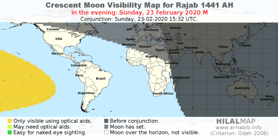 Crescent moon visibility map of Rajab 1441 AH on Sunday, 23 Feb 2020. 