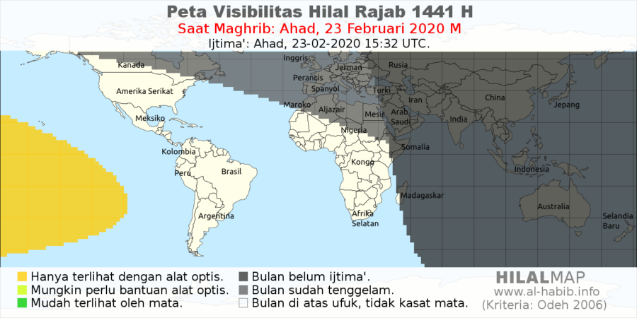 Peta visibilitas hilal Rajab 1441 H pada hari Ahad, 23 Feb 2020. Bulan sabit kemungkinan besar tidak terlihat pada hari Ahad.