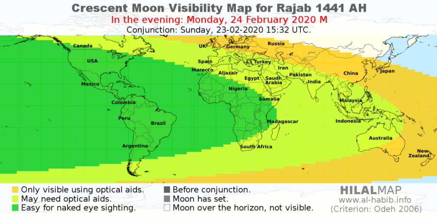 Crescent moon visibility map for Rajab 1441 AH on Monday, 24 Feb 2020.
