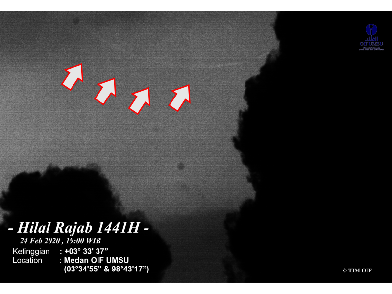 Citra CCD hilal 1 Rajab 1441 H dari Medan, Sumatera Utara, Indonesia oleh Observatorium Ilmu Falak, UMSU diambil pada petang hari Senin, 24 Feb 2020 M.
