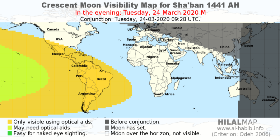 Crescent moon visibility map for Sha'ban 1441 AH (2020 AD) on the evening of Tuesday, 24 March 2020.