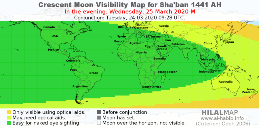 Crescent moon visibility map for Sha'ban 1441 AH (2020 AD) on the evening of Wednesday, 25 March 2020.