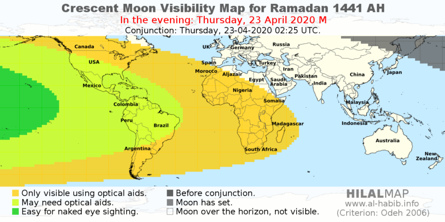 Crescent moon visibility map for 1 Ramadan 1441 AH on Thursday, 23 April 2020.