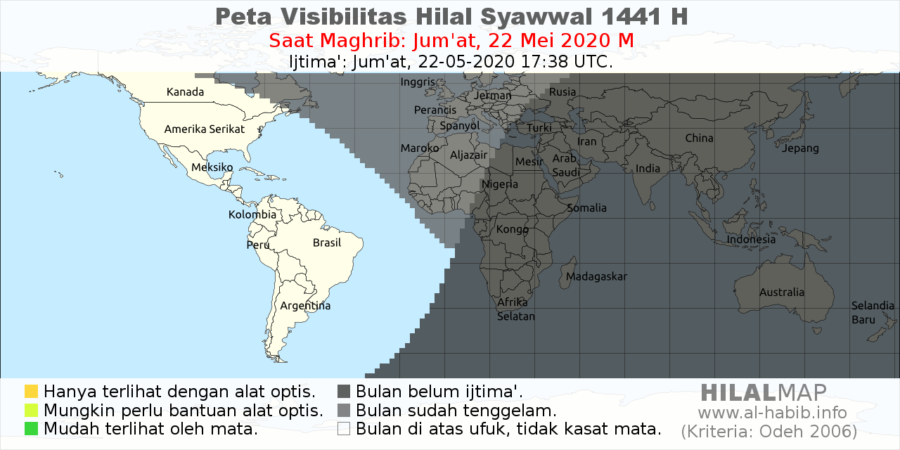 Peta Visibilitas Hilal Syawal 1441 H pada hari Jumat, 23 Mei 2020 M.