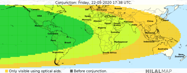 Crescent visibility map for Shawal 1441 AH on Saturday, 23 May 2020. Most part of the world will be able to sight the crescent moon (hilal).