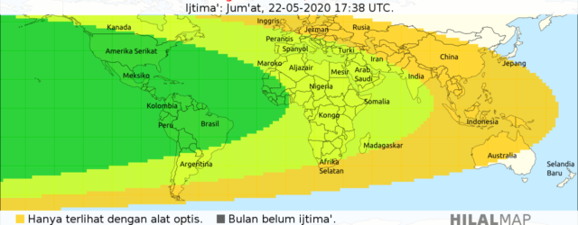 Peta Visibilitas Hilal Syawal 1441 H pada hari Sabtu, 23 Mei 2020 M. Hilal akan mudah dilihat di sebagian besar wilayah dunia.
