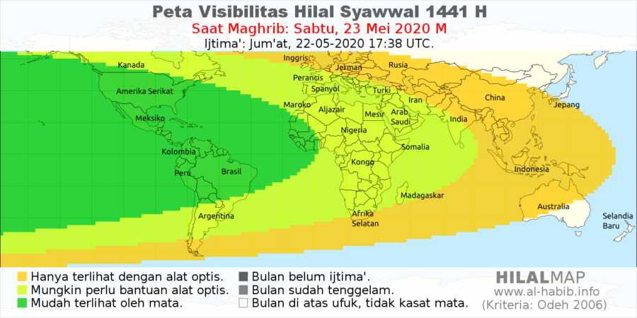 Peta Visibilitas Hilal Syawal 1441 H pada hari Sabtu, 23 Mei 2020 M. Hilal akan mudah dilihat di sebagian besar wilayah dunia.
