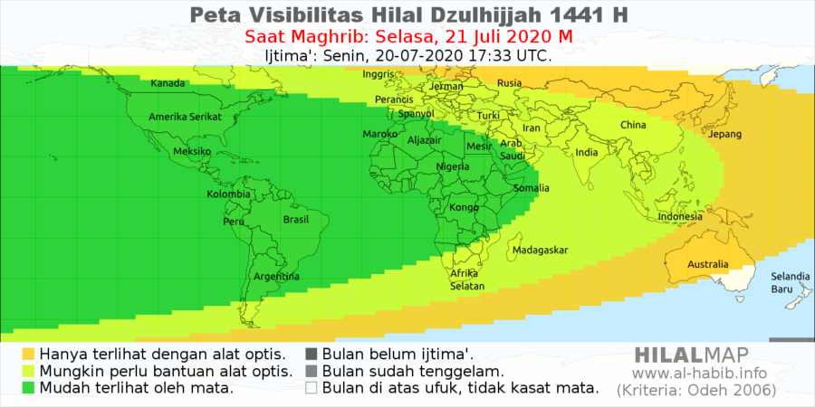 Peta visibilitas hilal 1 Dzulhijjah 1441 H pada hari Selasa, 21 Juli 2020. HIlal bisa terlihat di sebagian besar wilayah dunia.