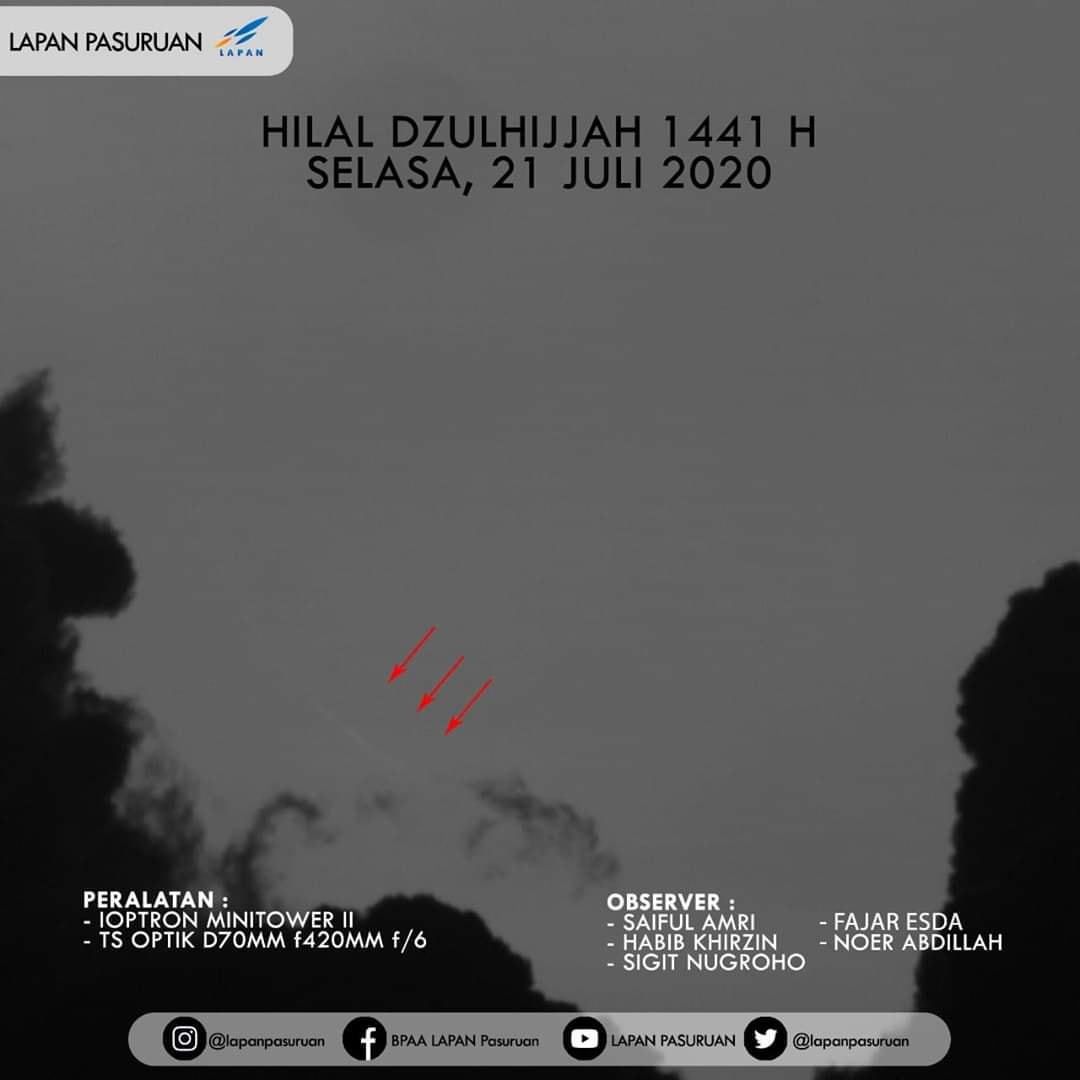 Foto bulan sabit (hilal) 1 Dzulhijjah 1441 H terlihat melalui teleskop pada petang hari Selasa, 21 Juli 2020 dari Pasuruan, Jawa Timur, Indonesia. Dipotret oleh tim LAPAN.