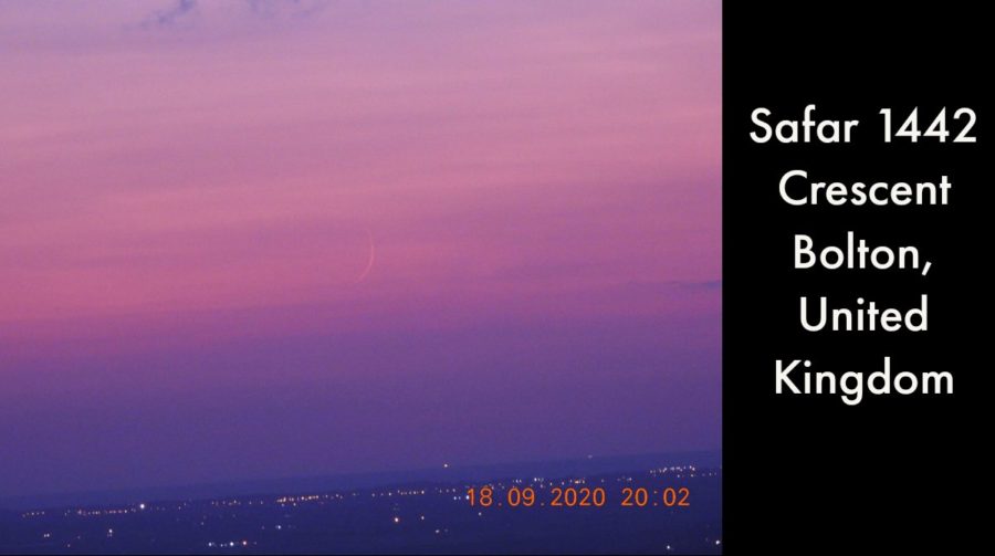 Foto bulan sabit (hilal) 1 Shafar 1442 H yang terlihat dari Bolton, Inggris pada hari Jumat, 18 September 2020.