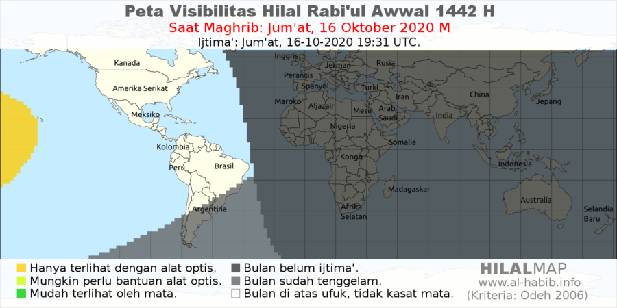 Peta visibilitas hilal Rabiul Awwal 1442 H untuk hari Jumat, 16 Oktober 2020 M menunjukkan sebagian besar wilayah dunia tidak akan bisa melihat bulan sabit (sumber: HilalMap).