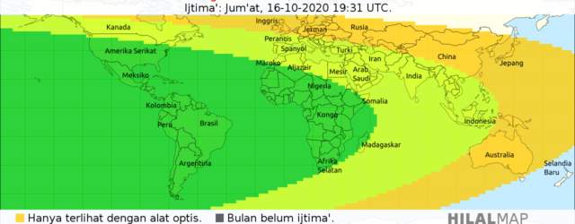Peta visibilitas hilal Rabiul Awwal 1442 H menunjukkan sebagian besar wilayah dunia akan bisa melihat bulan sabit (hilal) 1 Rabiul Awwal 1442 pada petang hari Sabtu, 17 Oktober 2020 M (HilalMap).
