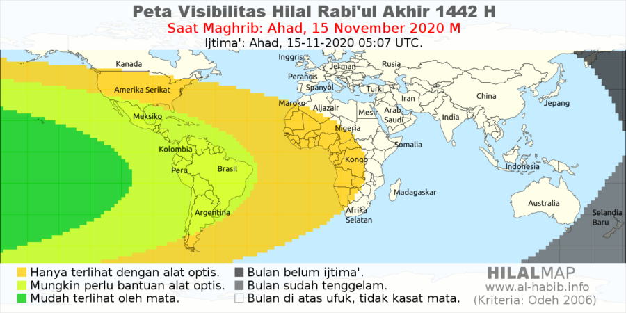 Peta visibilitas hilal Rabiul Akhir 1442 H pada hari Ahad, 15 November 2020 M. Hanya wilayah benua Amerika yg memiliki kemungkinan utk bisa melihat bulan sabit 1 Rabiul Akhir 1442 H.