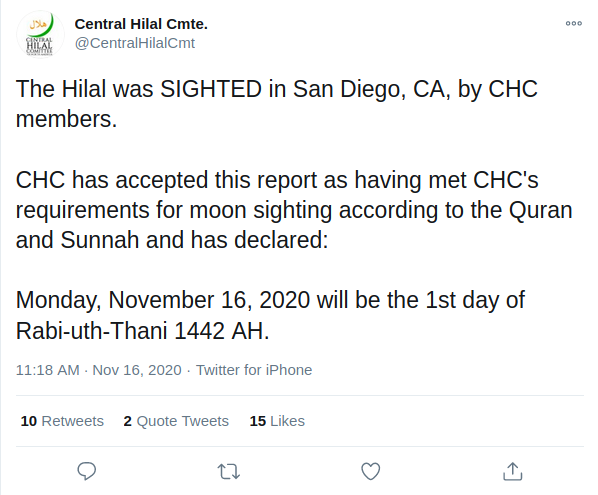 Tangkapan layar laporan rukyatul hilal 1 Rabiul Akhir 1442 H dari San Dieogo, Kalifornia dari CHC.