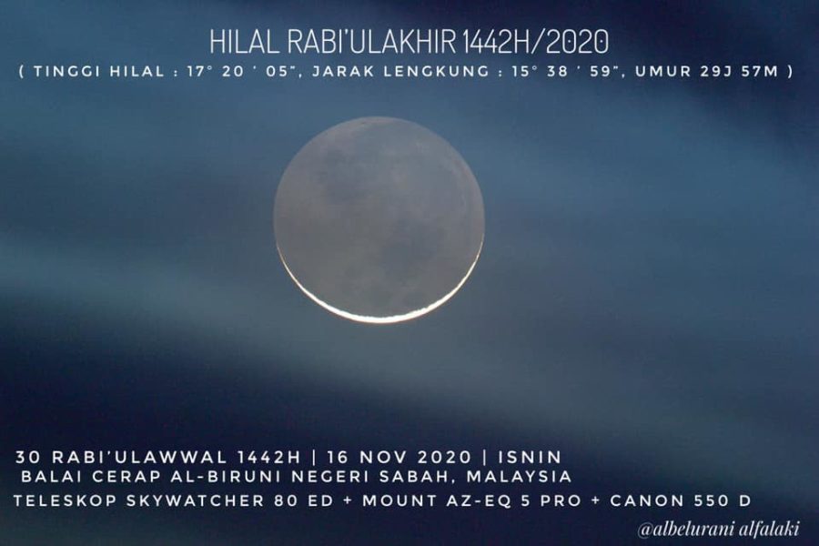 Foto bulan sabit (hilal) 2 Rabiul Akhir 1442 H (global) yang terlihat dari Sabah, Malaysia pada hari Senin, 16 November 2020 M. (Balai Cerap Al Biruni)