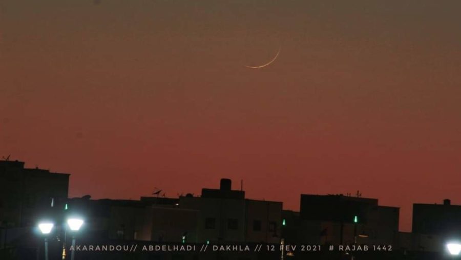 Photo of the crescent moon (hilal) of 1 Rajab 1442 AH taken from Morocco (visible with naked eye) on Friday, 12 Feb 2021.