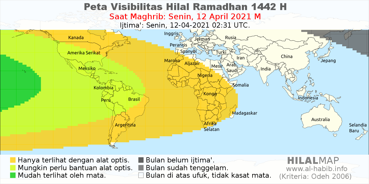 Peta visibilitas hilal 1 Ramadhan 1442 H pada petang hari Senin, 12 April 2021. Bulan sabit hanya akan mungkin terlihat dari wilayah benua Amerika menggunakan mata telanjang.