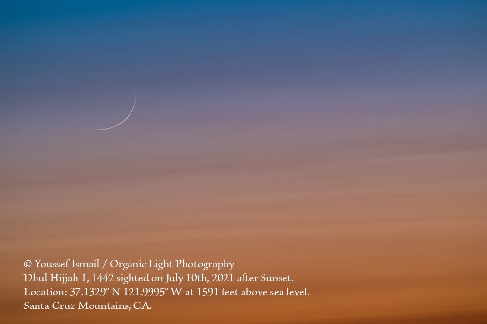 Foto bulan sabit (hilal) 1 Dzulhijjah 1442 H yang terlihat oleh mata telanjang pada hari Sabtu, 10 Juli 2021 dari wilayah Santa Kruz, Kalifornia, AS (Youssef Ismail).