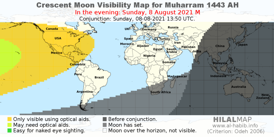 Crescent Moon visibility map for Muharram 1443 AH on the evening of Sunday, 8 August 2021. Most part of the world would not be able to sight the moon.