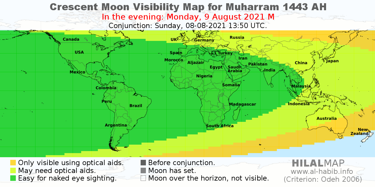 The crescent moon visibility map for 1 Muharram 1443 on the evening of Monday, 9 August 2021. Most part of the world would be able to sight the crescent moon (hilal) and therefore start 1 Muharam 1443 AH on Tuesday, 10 August 2021.