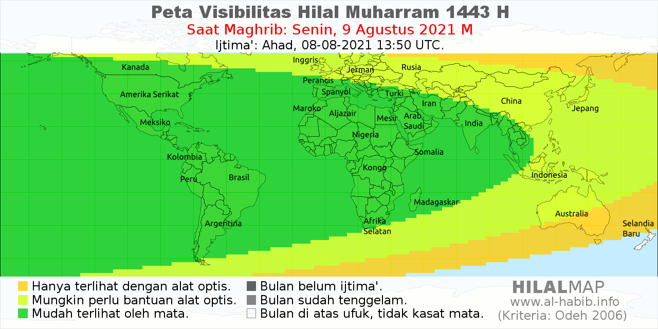 Peta Visibilitas Hilal 1 Muharram 1443 H pada hari Senin, 9 Agustus 2021. Terlihat bahwa sebagian besar wilayah dunia akan bisa melihat bulan sabit 1 Muharram 1443 H.
