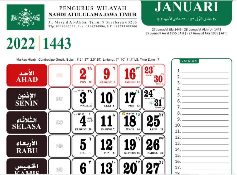 Kutipan Kalender Islam versi NU 2022 M