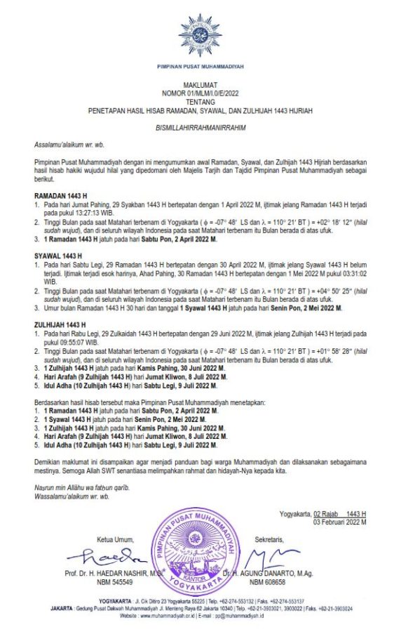 Surat Maklumat PP Muhammadiyah terkait Ramadhan 1443 H (2022 M)