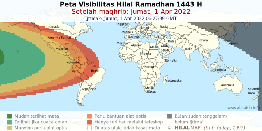 Peta visibilitas bulan sabit Ramadhan 1443 H pada hari Jumat, 1 April 2022. Hilal kemungkinan besar tidak akan terukyat dengan mata telanjang di seluruh dunia.