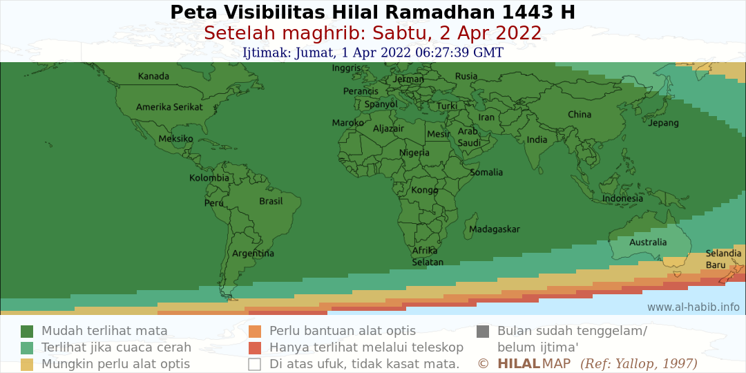 Peta visibilitas bulan sabit Ramadhan 1443 H pada hari Sabtu, 2 April 2022. Hilal kemungkinan besar akan mudah terukyat dengan mata telanjang di seluruh dunia.