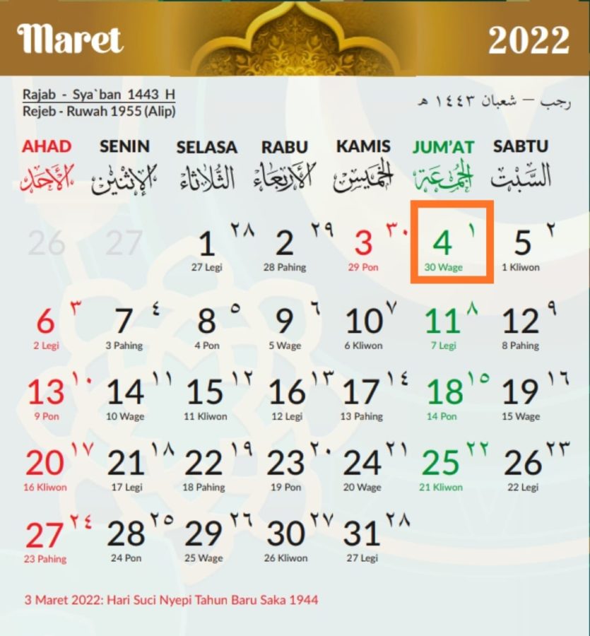Kalender islam Pemerintah RI 1 Syaban 1443-H jatuh pada Jumat, 4 Maret 2022 M