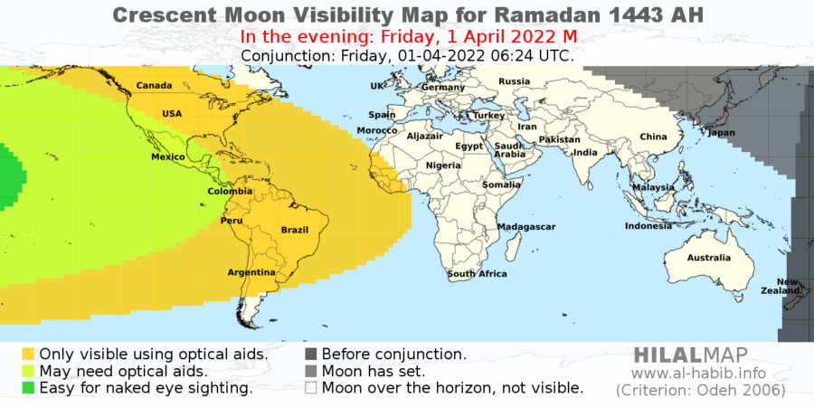There is a slight chance for the crescent moon of Ramadan 1443 AH to be sighted on the evening of Friday, 1 April 2022 from the west part of the USA or American continent. (HilalMap 2022)