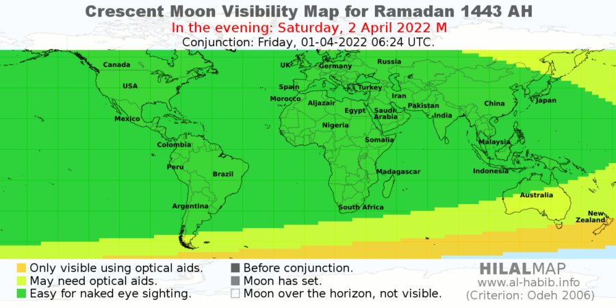 Most of the world would witness the first crescent moon of Ramadan 1443 AH on the evening of Saturday, 2 April 2022.