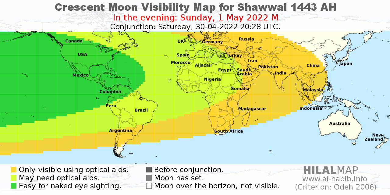Crescent moon visibility map for Shawal 1443 AH on 1 May 2022.