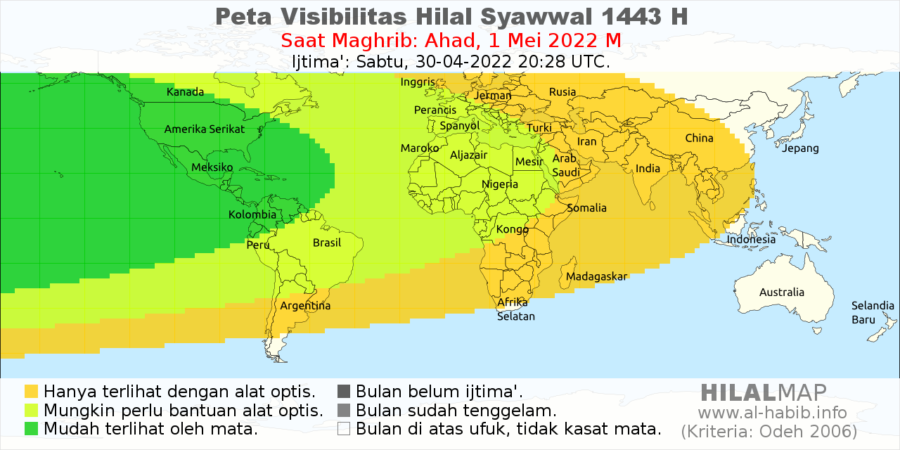 Peta visibilitas hilal (keterlihatan bulan sabit) Syawal 1443 H pada petang hari tanggal 1 Mei 2022. Wilayah Indonesia kecil kemungkinan bisa melihat hilal.