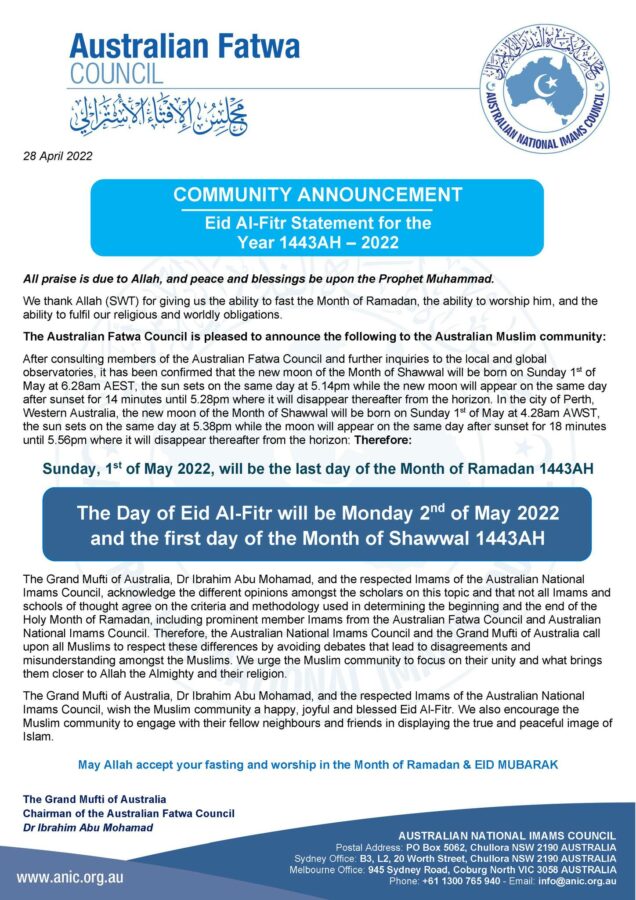 Australian Fatwa Council of ANIC statement regarding 1 Shawal 1443 H. Eid ul Fitr will fall on Monday, 1st of May 2022.