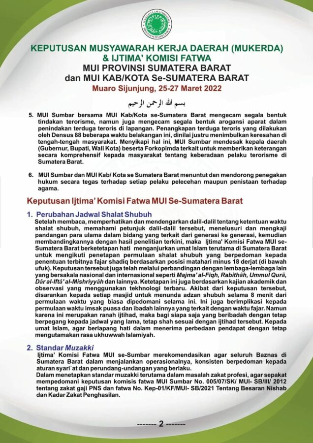 Keputusan Mukerda MUI Sumatera Barat Maret 2022 - Perubahan Jadwal Sholat Shubuh. Halaman 2.