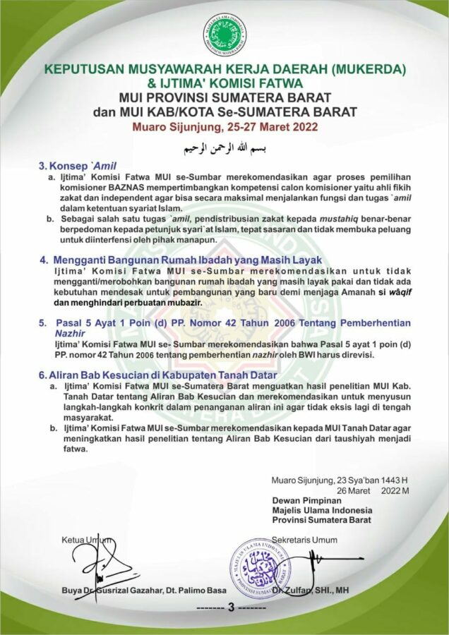 Keputusan Mukerda MUI Sumatera Barat Maret 2022 - Perubahan Jadwal Sholat Shubuh