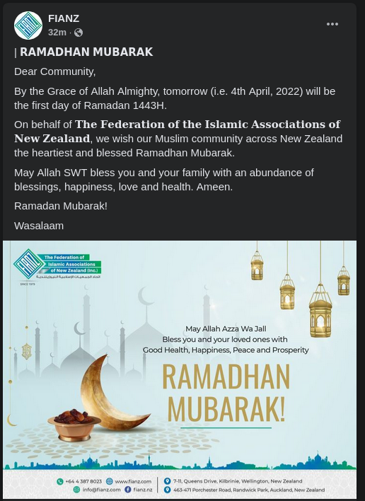 Pengumuman FIANZ, Selandia Baru Memulai Puasa 1 Ramadhan 1443 H pada hari Senin, 4 April 2022.
