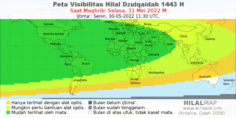 Peta visibilitas hilal 1 Dzulqadah 1443 H pada petang hari Selasa, 31 Mei 2022. Wilayah Indonesia termasuk yang berpeluang melihat hilal dengan bantuan alat optis.