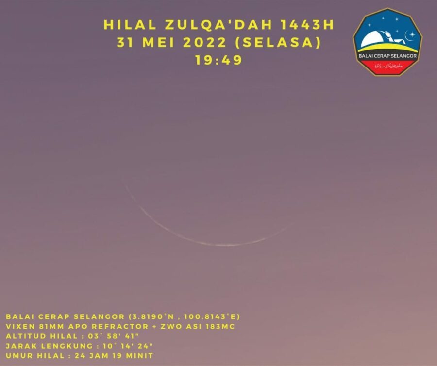 Foto hilal 1 Dzulqaidah 1443 H dari Selangor, Malaysia pada Selasa, 31 Mei 2022 (Balai Cerap Selangor).