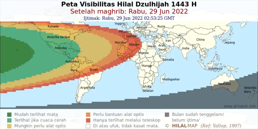 Peta visibilitas hilal 1 Dzulhijjah 1443 H pada petang hari Rabu, 29 Juni 2022 M. Hilal atau bulan sabit akan bisa mudah terlihat dengan mata kasar di wilayah Amerika Utara (Kriteria Yallop).