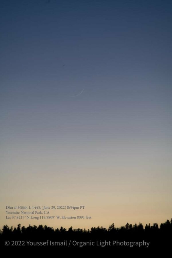 Photograph of the crescent moon of 1 Dhul-Hijjah 1443 AH as sighted from California, USA on the evening of Wednesday, 29 June 2022 by Youseff Ismail.