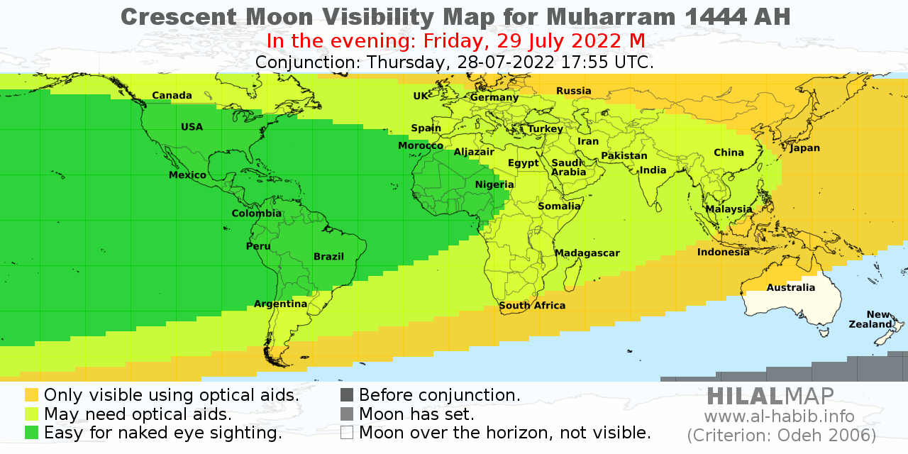 Crescent moon visibility map for Muharram 1444 AH on the evening of Friday, June 29, 2022.