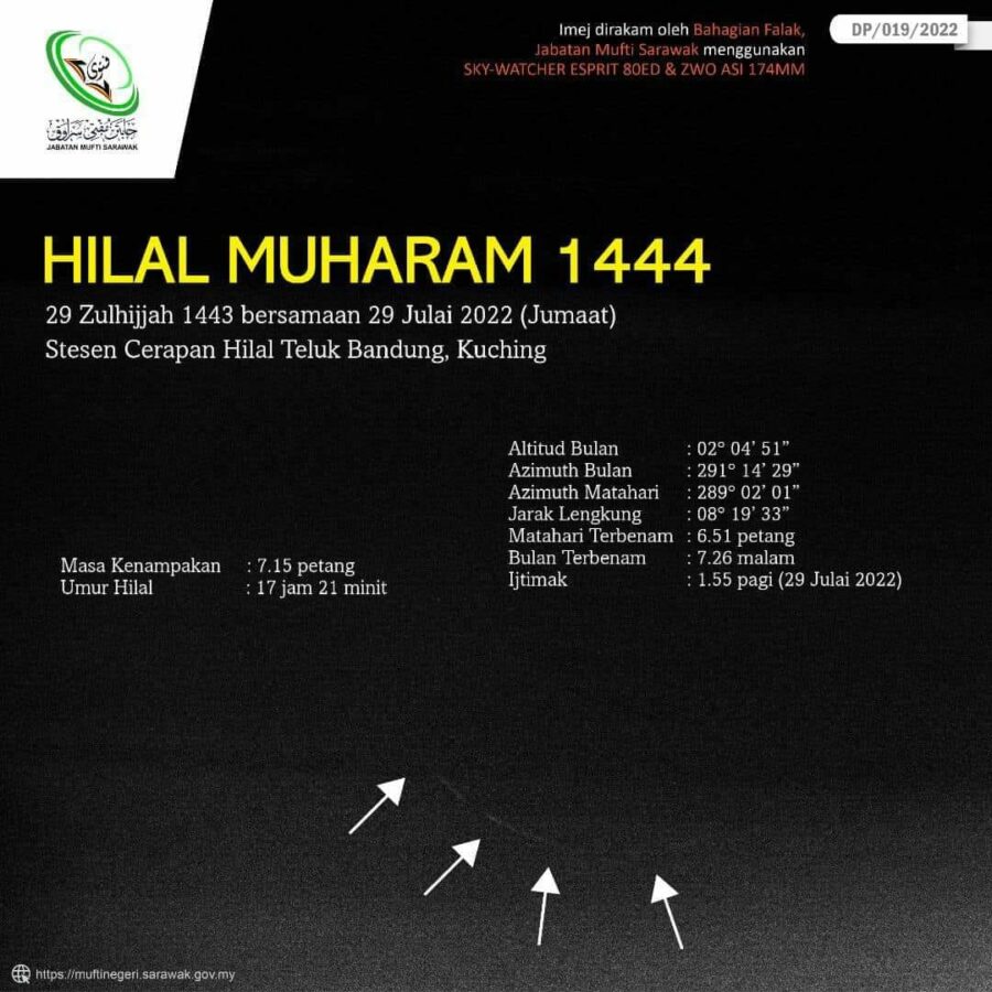 Crescent moon photo of 1 Muharram 1444 AH taken on the evening of Friday, 29 July 2022 CE from Sarawak, Malaysia.