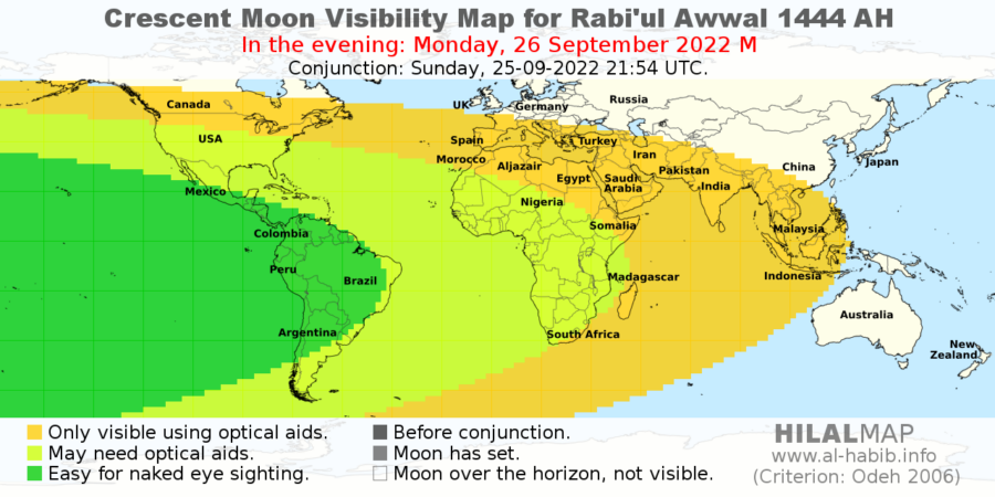 Crescent moon visibility map for 1 Rabiul Awal 1444 AH.