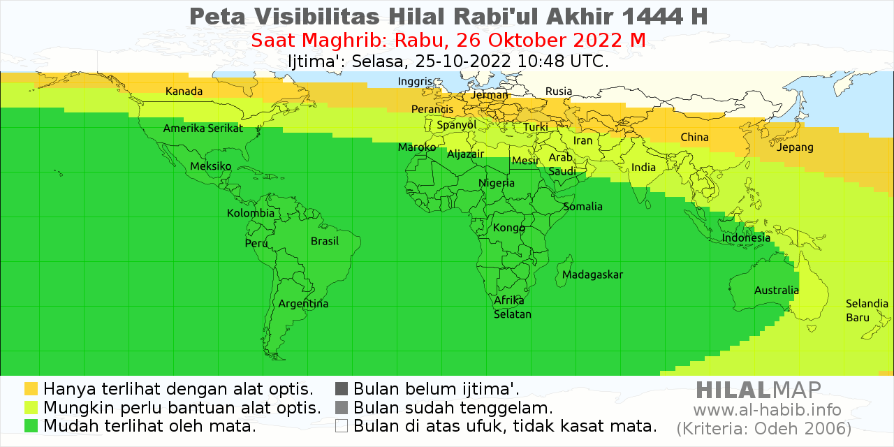 Peta visibilitas bulan sabit Rabi'ul Awal 1444 H pada hari Rabu, 26 Oktober 2022. Hilal akan mudah diamati dari sebagian besar wilayah dunia, kecuali Selandia Baru, Jepang, Inggris dan Kanada.