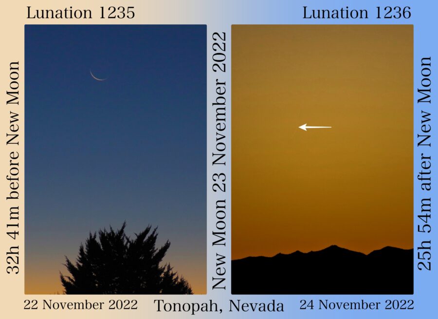 Photo of the thin crescent moon of 1 Jumadal Ula 1444 AH on Thursday, 24 November 2022. Taken by Marcus Prazniak from Nevada, USA.