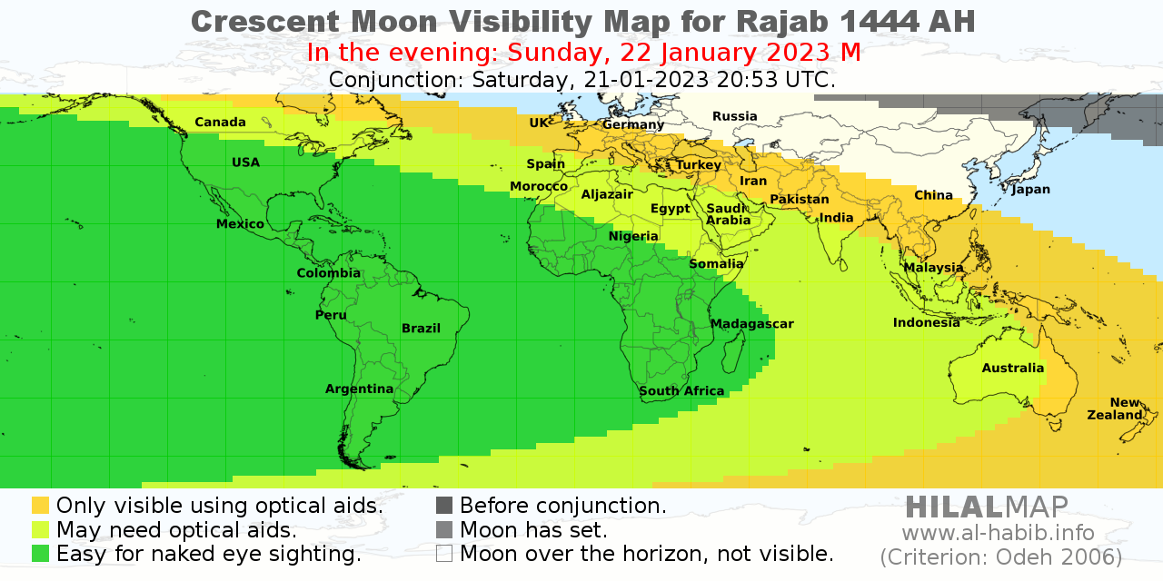 Crescent moon visibility map for 1 Rajab 1444 AH on Sunday, 23 January 2023.
