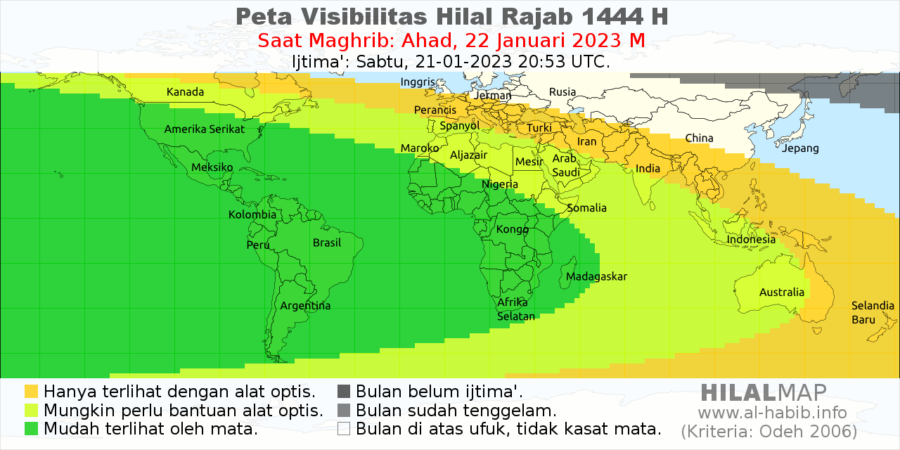 Peta visibilitas hilal Rajab 1444 H pada hari Ahad, 22 Januari 2023 M. Bulan sabit akan bisa terlihat di sebagian wilayah dunia terutama dari benua Afrika dan Amerika. Wilayah Indonesia hanya akan bisa melihat hilal Rajab 1444 H dengan menggunakan alat bantu optis.